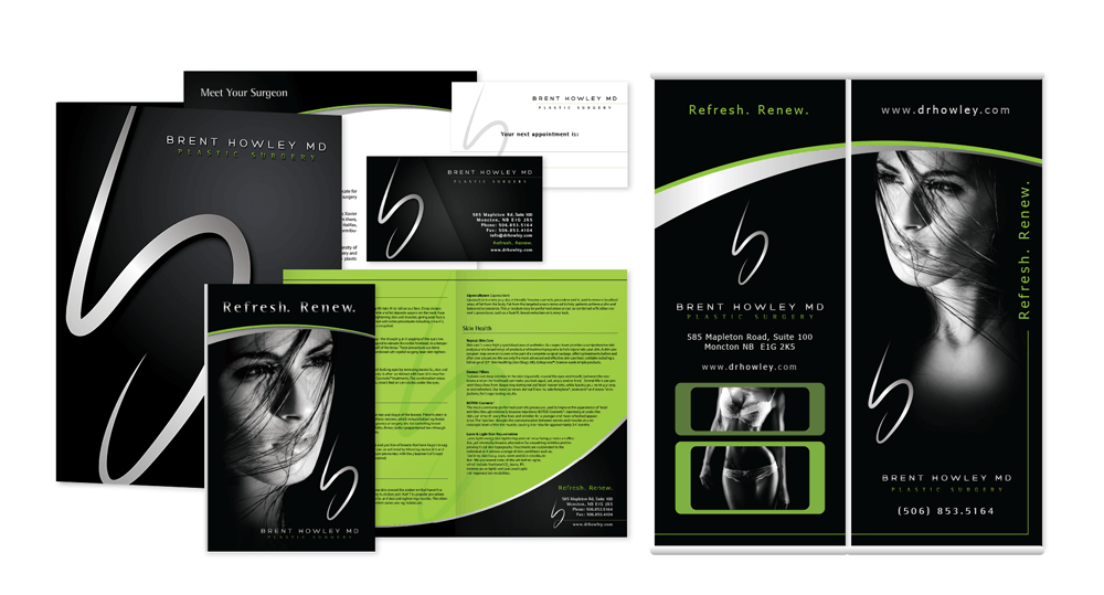 Dr. Brent Howley's brand visual identity various marketing materials, shown is the folder & insert template, brochure, appointment card & sign.