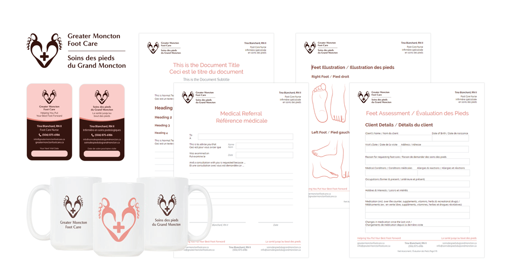 Greater Moncton Foot Care's brand visual identity various marketing materials, shown is the logo, business card, branded mug, letterhead & documents design