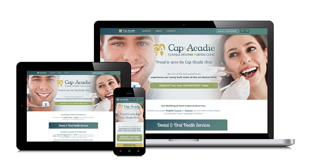 Le site Web réactif de Clinique Dentaire Cap-Acadie Dental Clinic est présenté sur trois appareils: ordinateur portable, tablette et téléphone intelligent.