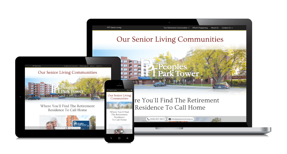 PPT Senior Living's responsive website shown on three devices: laptop, tablet, and smartphone.